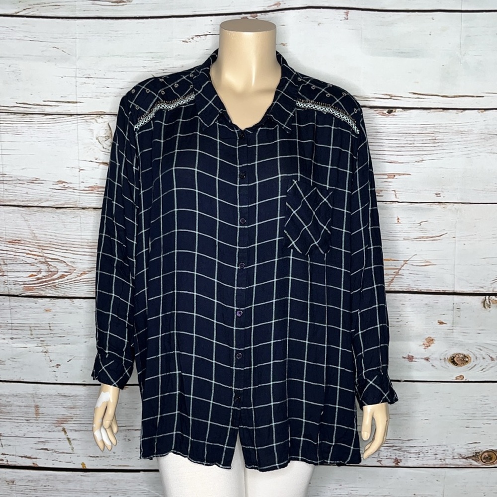 Catherines Size 5X Navy Blue Plaid Embellished Embroidered Button Down Shirt Top